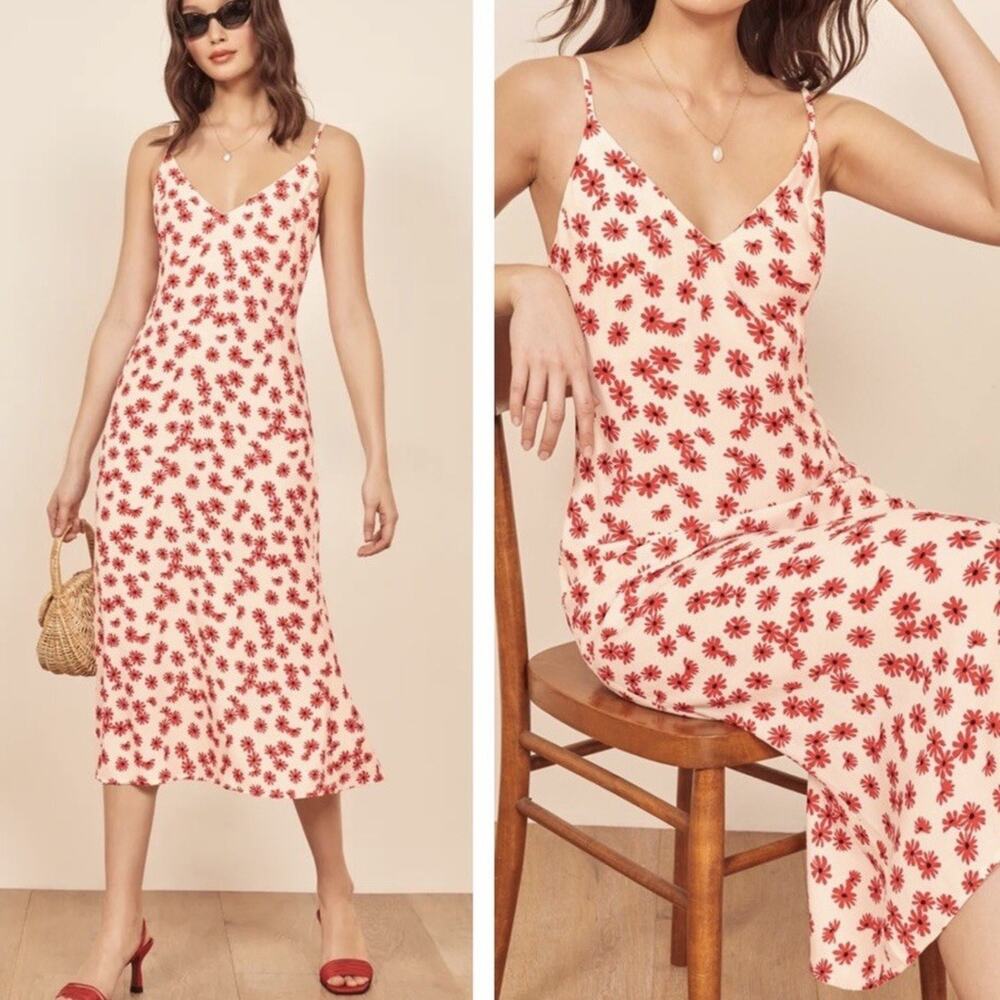 Reformation Alexandra Midi Dress Red Daisy Print Size 10